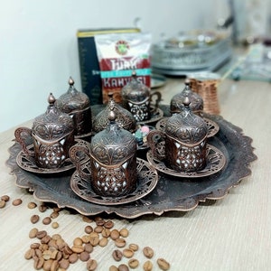 Turkish coffee set,traditional turkish coffee cups and copper coffee pot, coffee gifts with tray,home decor, espresso set,coffee serving set