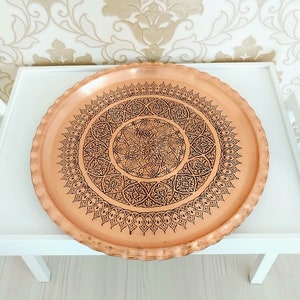 15 inches handmade copper decorative tray, engraved turkish copper, vintage serving tray,copper decor, hand carved copper tray, wedding gift