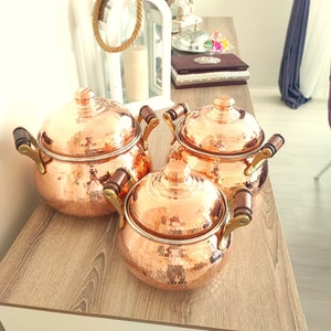 2 mm Handmade pure copper pot set of 3, copper cookware,copper pot with wooden handles,  cooking utensils,kitchen decor, anniversary gift