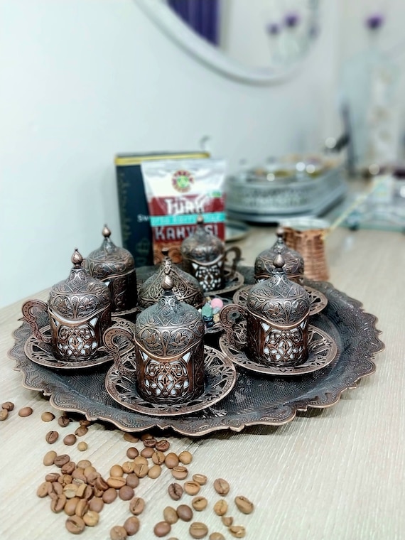 Turkish Coffee Set, Traditional Turkish Coffee Cups and Copper Coffee Pot,  Unique Home Decor 