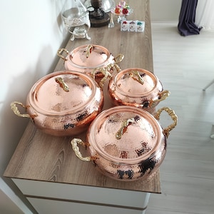 2mm Set of 4 handmade copper pots with brass handles,copper casserole pot set,copper home gift,kitchenware,housewarming gift,food pan
