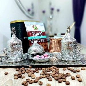 Turkish coffee set,silver colour traditional turkish coffee cups and copper coffee pot,coffee gifts with tray,