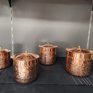 Set of 4 copper spice jars,handmade copper spice container set,enraved copper box,copper candy bowl set,kitchen canister set,home decoration