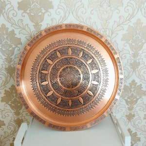 24 inches Handmade copper decorative tray,engraved turkish copper,vintage tray,copper decor,hand carved copper tray,decorative serving tray.