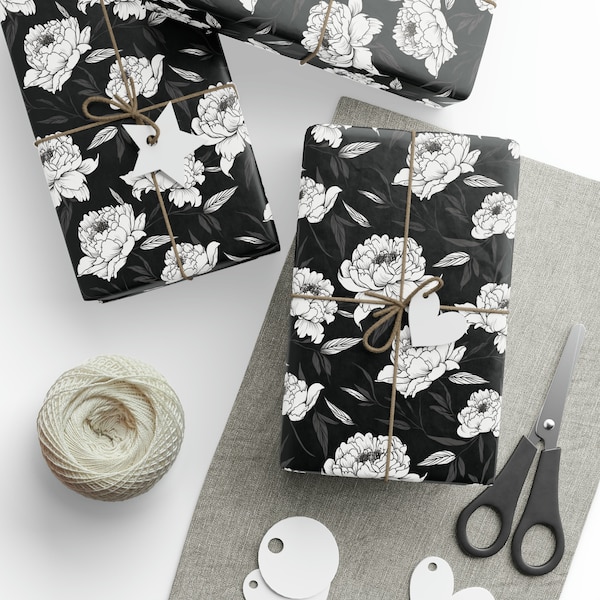 Black and White Peonies Print Wrapping Paper - Modern Gift Wrap - Holiday Gift Wrap - Minimalist Wrapping Paper - Birthday Gift Wrap