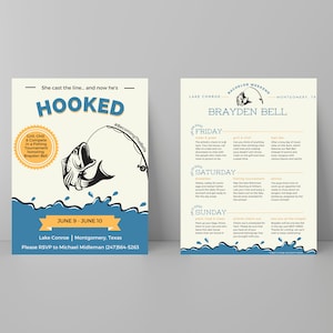 He&#39;s Hooked Bachelor Fish Trip Invitation and Itinerary E-Vite Package - Digital Download, Fully Customizable and Ready to Edit with Canva