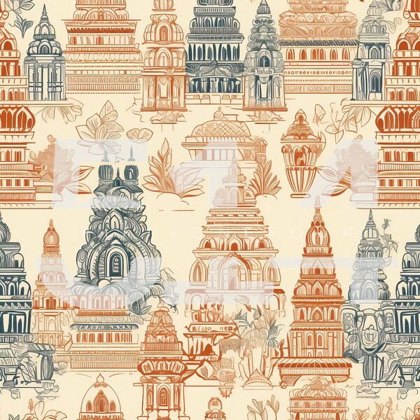 Indian Temple | Indian Temple Art Print | Seamless Digital Printable | Digital Download | Home Decor | Indian Digital Art | Stationary