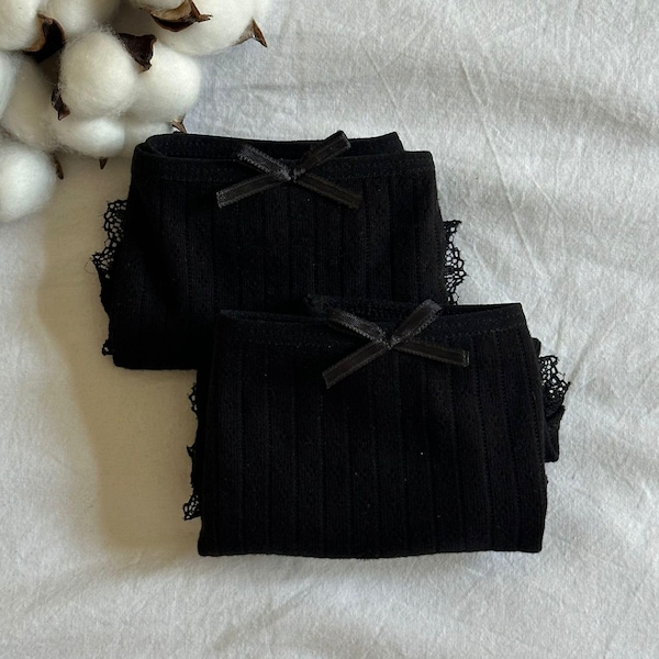 100% Cotton Organic Black Pointelle Mid Rise Brief Panties