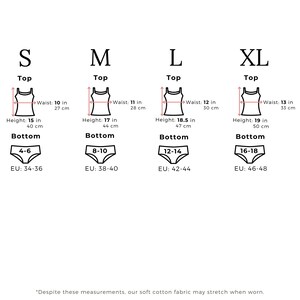 May include: Size chart for women's underwear and tops, showing measurements in inches and centimeters for sizes S, M, L, and XL. The chart includes waist and height measurements for the tops and waist measurements for the bottoms. The bottoms are labeled with US sizes and EU sizes.
