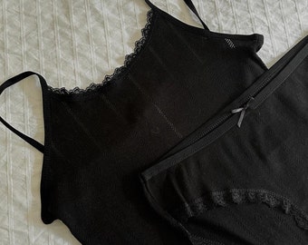 Schwarzes Pointelle-Homewear-Set aus feiner Baumwolle
