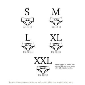 May include: Size chart for underwear with measurements in US and EU sizes. Sizes include S, M, L, XL, and XXL.  The chart shows the corresponding US and EU sizes for each size.