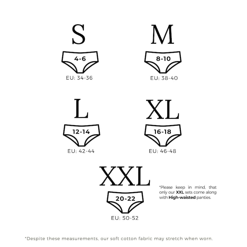 May include: Size chart for underwear with measurements in US and EU sizes. Sizes include S, M, L, XL, and XXL.  The chart shows the corresponding US and EU sizes for each size.