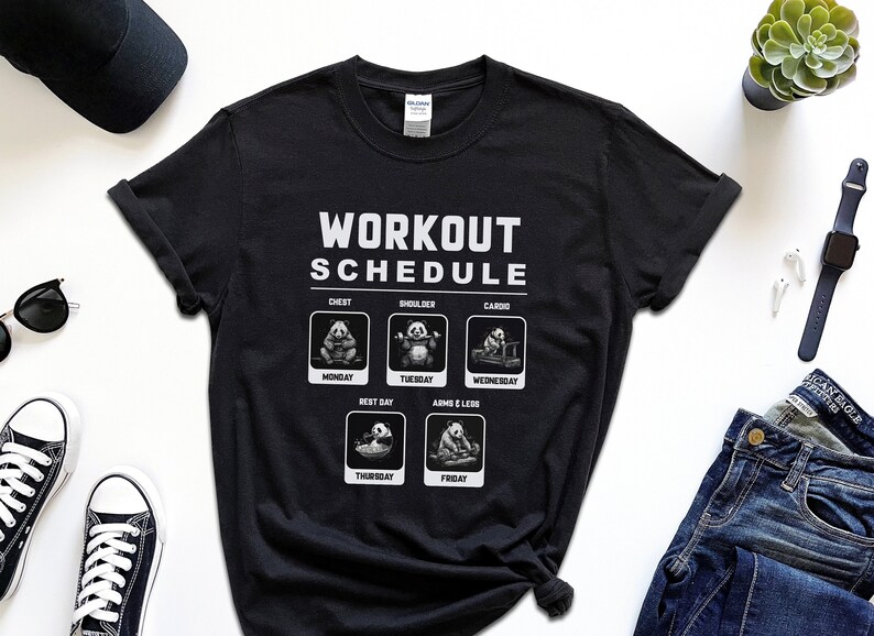 Funny Panda Workout Schedule Shirt, Gym Graphic Tee image 1