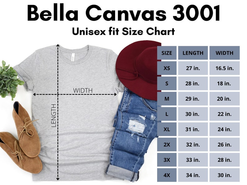 May include: Size chart for Bella Canvas 3001 unisex t-shirts. The chart shows the length and width in inches for sizes XS to 4X.
