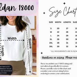 Puede incluir: Tabla de tallas para sudaderas unisex Gildan 18000. La tabla muestra las medidas en pulgadas para el ancho, la longitud y la longitud de la manga para las tallas S a 3XL. La tabla indica que todas las medidas est&aacute;n en pulgadas.