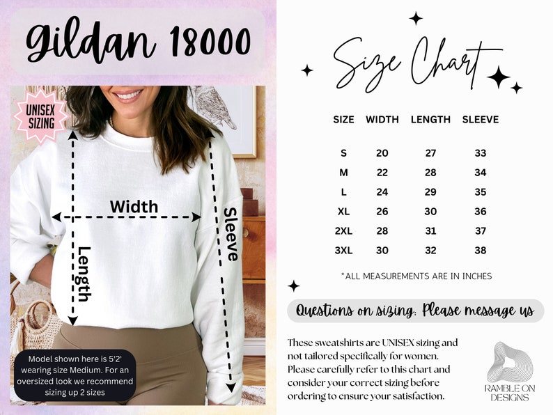 Puede incluir: Tabla de tallas para sudaderas unisex Gildan 18000. La tabla muestra las medidas en pulgadas para el ancho, la longitud y la longitud de la manga para las tallas S a 3XL. La tabla indica que todas las medidas est&aacute;n en pulgadas.