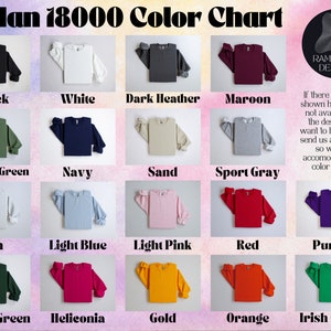 Puede incluir: Carta de colores para sudaderas Gildan 18000, mostrando 15 colores diferentes, incluyendo negro, blanco, gris oscuro jaspeado, granate, verde militar, azul marino, arena, gris deportivo, ceniza, azul claro, rosa claro, rojo, morado, verde bosque, heliconia, dorado, naranja y verde irland&eacute;s.