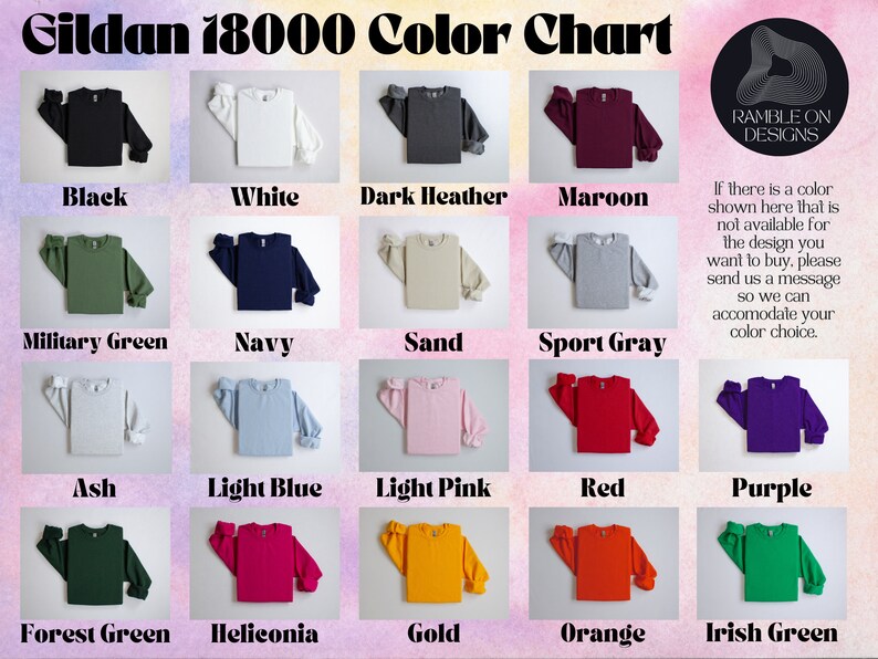 Puede incluir: Carta de colores para sudaderas Gildan 18000, mostrando 15 colores diferentes, incluyendo negro, blanco, gris oscuro jaspeado, granate, verde militar, azul marino, arena, gris deportivo, ceniza, azul claro, rosa claro, rojo, morado, verde bosque, heliconia, dorado, naranja y verde irland&eacute;s.