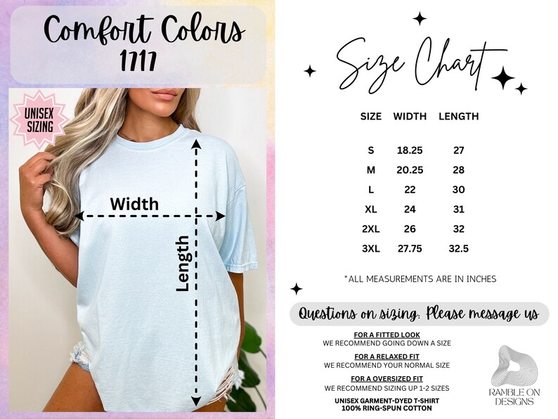 May include: A light blue unisex t-shirt with the text "Comfort Colors 1717" and a size chart. The chart shows measurements in inches, with a width of 18.25 inches for size S and 27.75 inches for size 3XL.