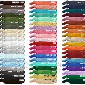 May include: A color chart of 48 different fabric colors, arranged in two columns. The colors are named in black text, with the names listed in two columns. The colors range from light to dark, and from cool to warm.