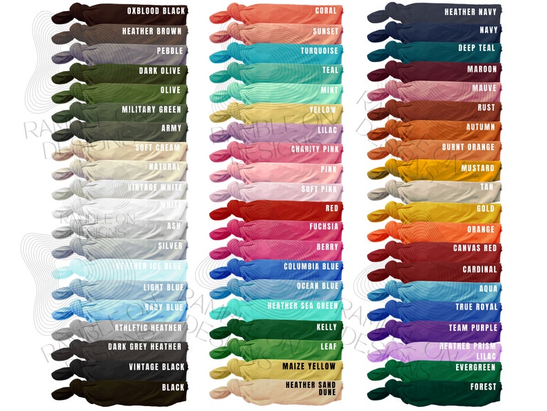 May include: A color chart of 48 different fabric colors, arranged in two columns. The colors are named in black text, with the names listed in two columns. The colors range from light to dark, and from cool to warm.