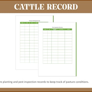 May include: A printable cattle record sheet with two sections: Pasture Planting Records and Pest Inspection Records. The sheet is designed to help track pasture conditions.