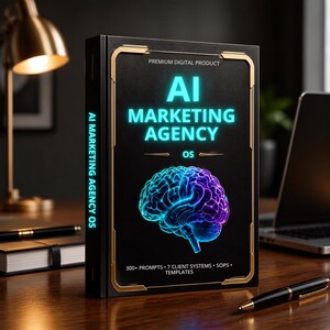 May include: A black digital product binder titled AI MARKETING AGENCY OS with a glowing blue and purple brain graphic. The cover features the text PREMIUM DIGITAL PRODUCT and 300+ PROMPTS 7 CLIENT SYSTEMS SOPS TEMPLATES in white lettering.