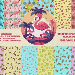Può includere: Un set di 13 motivi tropicali unici con fenicotteri rosa, pappagalli, noci di cocco, ananas, lime, angurie e palme. I motivi sono di 30,5 x 30,5 cm, 300 DPI e senza cuciture. Il testo "13 UNIQUE TROPICAL PATTERNS UP TO 45+ HIGH QUALITY JPEG IMAGES" e "12X12 INCHES 300 DPI SEAMLESS" è incluso nell'immagine.