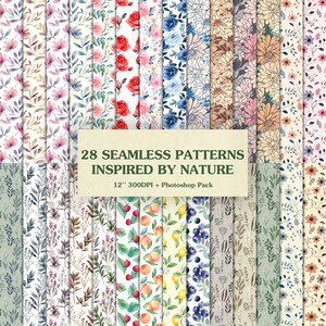 Può includere: Una collezione di 28 motivi senza cuciture ispirati alla natura. I motivi presentano vari disegni floreali, frutta e foglie in stile acquerello. I motivi misurano 30,5 cm per 30,5 cm e 300 DPI. Il testo "28 MOTIVI SENZA CUCITURE ISPIRATI ALLA NATURA 12" 300DPI + Pacchetto Photoshop" è visualizzato su un rettangolo marrone.