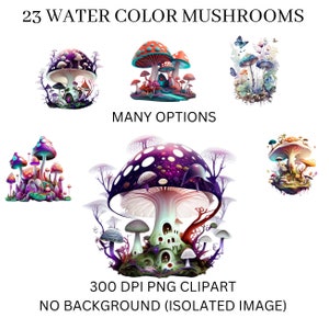 Mushroom Garden Fantasy Clipart, Set di 19, Splendide immagini uniche dell&#39;acquerello Magical Mushroom Garden, Fantasy Art, File zippati 5-PNG