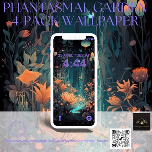 Puede incluir: Una ilustración digital de un jardín fantástico con flores brillantes y un arroyo. La imagen se muestra en la pantalla de un teléfono inteligente con la fecha y la hora "25 APRIL TUESDAY 4:44" visibles. El texto "PHANTASMAL GARDEN 4-PACK WALLPAPER" está en la parte superior de la imagen.