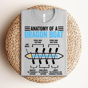 May include: A pale grey t-shirt featuring the words "ANATOMY OF A DRAGON BOAT" in black and blue. The design includes a diagram of a dragon boat with labels for different roles. The t-shirt is folded on a woven mat.
