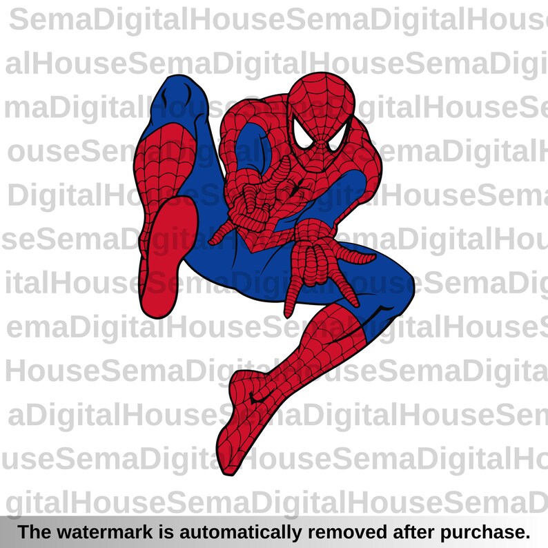May include: A red and blue cartoon superhero, Spiderman, is in a jumping pose with his arms outstretched. He is wearing a red and blue suit with a spider web design.
