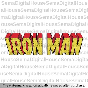 May include: A 3D graphic of the words "IRON MAN" in bold, block letters. The letters are red with yellow interiors and small, rivet-like details. The design has a comic book style.