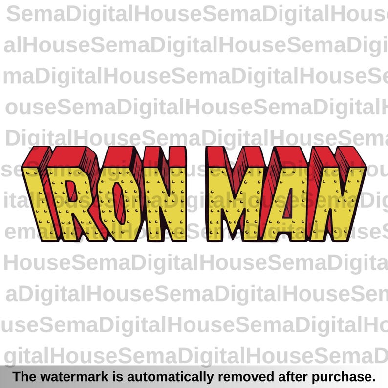 May include: A 3D graphic of the words "IRON MAN" in bold, block letters. The letters are red with yellow interiors and small, rivet-like details. The design has a comic book style.