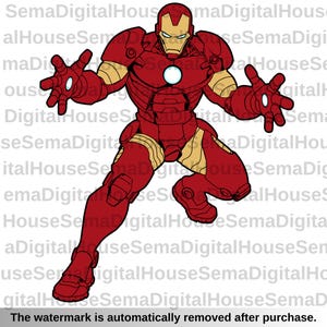 May include: A red and gold illustration of Iron Man in a dynamic pose, with outstretched hands and a glowing chest piece. The superhero's armor is detailed with various panels and joints, and the image has a clean, graphic style.