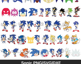 May include: A collection of 40 digital clip art images featuring Sonic the Hedgehog and his friends. The images are in various poses and include characters like Tails, Knuckles, Shadow, and Amy. The images are in PNG, SVG, and DXF formats.