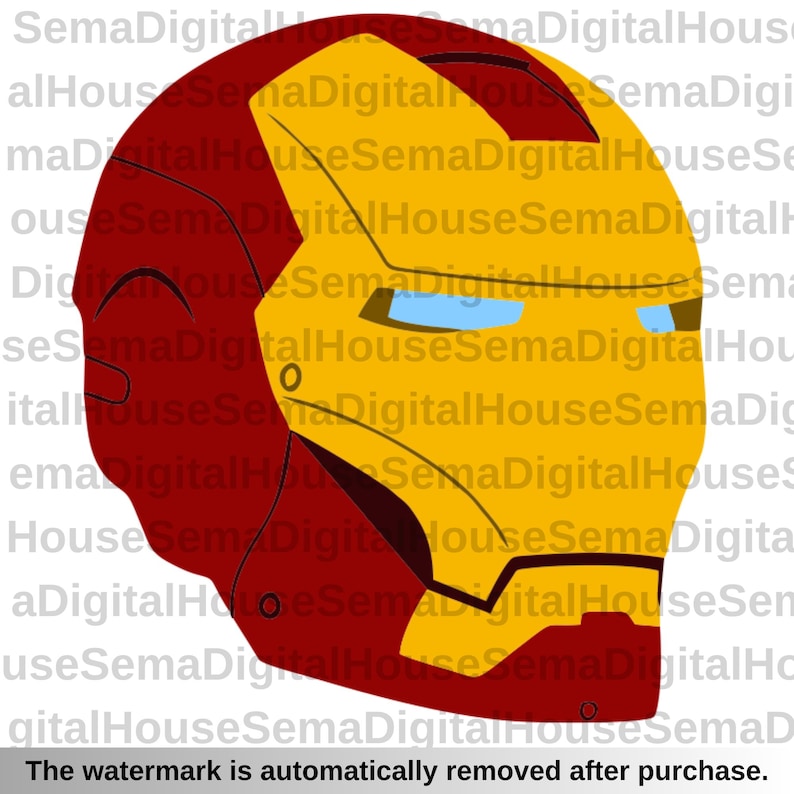 May include: A stylized illustration of Iron Man's helmet. The design features a gold faceplate with blue eye slits and a red helmet. The image is a digital graphic, perfect for fans of the superhero.