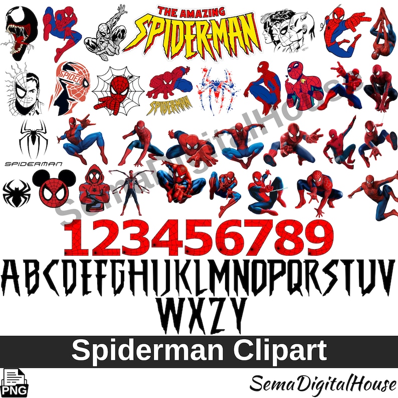 May include: A digital clipart set featuring Spiderman in various poses, including a red and blue Spiderman logo with the text "The Amazing Spiderman". The set also includes the numbers 1 through 9, the letters of the alphabet, and a Spiderman clipart logo.
