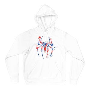 May include: White hooded sweatshirt featuring a red and blue spider graphic. The spider is created using paint splatters.