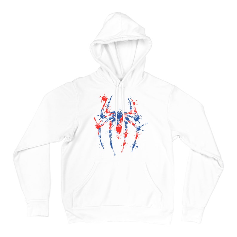 May include: White hooded sweatshirt featuring a red and blue spider graphic. The spider is created using paint splatters.