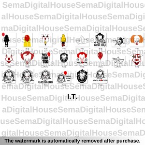K&ouml;nnte beinhalten: Eine Sammlung von schwarz-wei&szlig;-roten Grafikdesigns mit Bildern aus dem Horrorfilm "IT". Die Designs zeigen den Clown Pennywise, Ballons und Papierboote. Der Text "I.T." ist ebenfalls vorhanden.