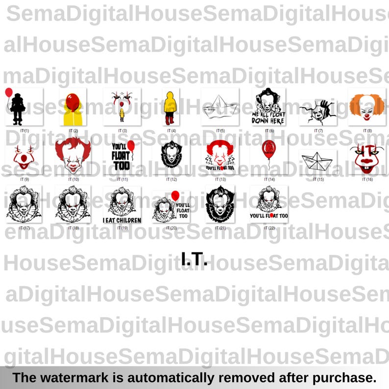 K&ouml;nnte beinhalten: Eine Sammlung von schwarz-wei&szlig;-roten Grafikdesigns mit Bildern aus dem Horrorfilm "IT". Die Designs zeigen den Clown Pennywise, Ballons und Papierboote. Der Text "I.T." ist ebenfalls vorhanden.