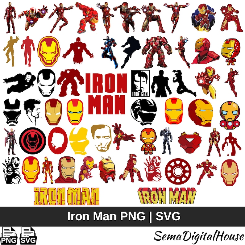 May include: A collection of Iron Man graphics in various poses and styles. Includes full figures, helmet designs, and the text "Iron Man" in bold, yellow letters. The image also contains the text "Iron Man PNG | SVG".