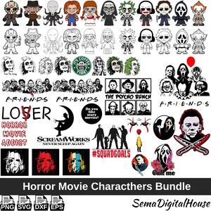 K&ouml;nnte beinhalten: Eine Sammlung von Illustrationen von Horrorfilmfiguren, darunter Jason Voorhees, Freddy Krueger und Michael Myers. Die Bilder sind in verschiedenen Stilen gehalten, einige in Farbe und andere in Schwarzwei&szlig;. Text enth&auml;lt "Horror Movie Characthers Bundle".