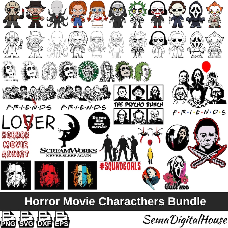 K&ouml;nnte beinhalten: Eine Sammlung von Illustrationen von Horrorfilmfiguren, darunter Jason Voorhees, Freddy Krueger und Michael Myers. Die Bilder sind in verschiedenen Stilen gehalten, einige in Farbe und andere in Schwarzwei&szlig;. Text enth&auml;lt "Horror Movie Characthers Bundle".