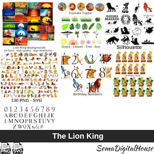 May include: Digital graphics collection themed around "The Lion King." Includes backgrounds, cupcake toppers, silhouettes, birthday numbers, and birthday cards. The text "The Lion King" is displayed at the bottom of the image.
