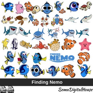 May include: A collection of cartoon illustrations featuring characters from the movie "Finding Nemo." The image includes various fish, sharks, turtles, and other sea creatures in vibrant colors. The title "Finding Nemo" is also displayed.