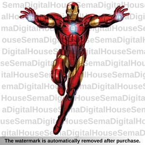 May include: A full-body illustration of Iron Man in a dynamic pose, with arms outstretched and energy emanating from his hands. The suit is primarily red and gold, with a glowing arc reactor in the chest. The image has a comic book style.
