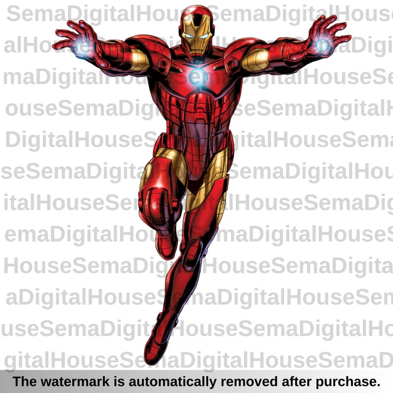 May include: A full-body illustration of Iron Man in a dynamic pose, with arms outstretched and energy emanating from his hands. The suit is primarily red and gold, with a glowing arc reactor in the chest. The image has a comic book style.